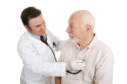 Senior man being examined by a doctor.  He's asking the if he will be okay and the physician is reassuring him.  Isolated on white.